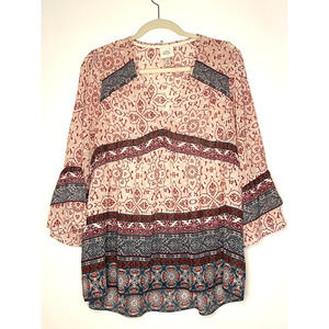 Knox Rose Floral V-Neck Front Boho Casual Top Women's XL Bell Ruffle sleeve